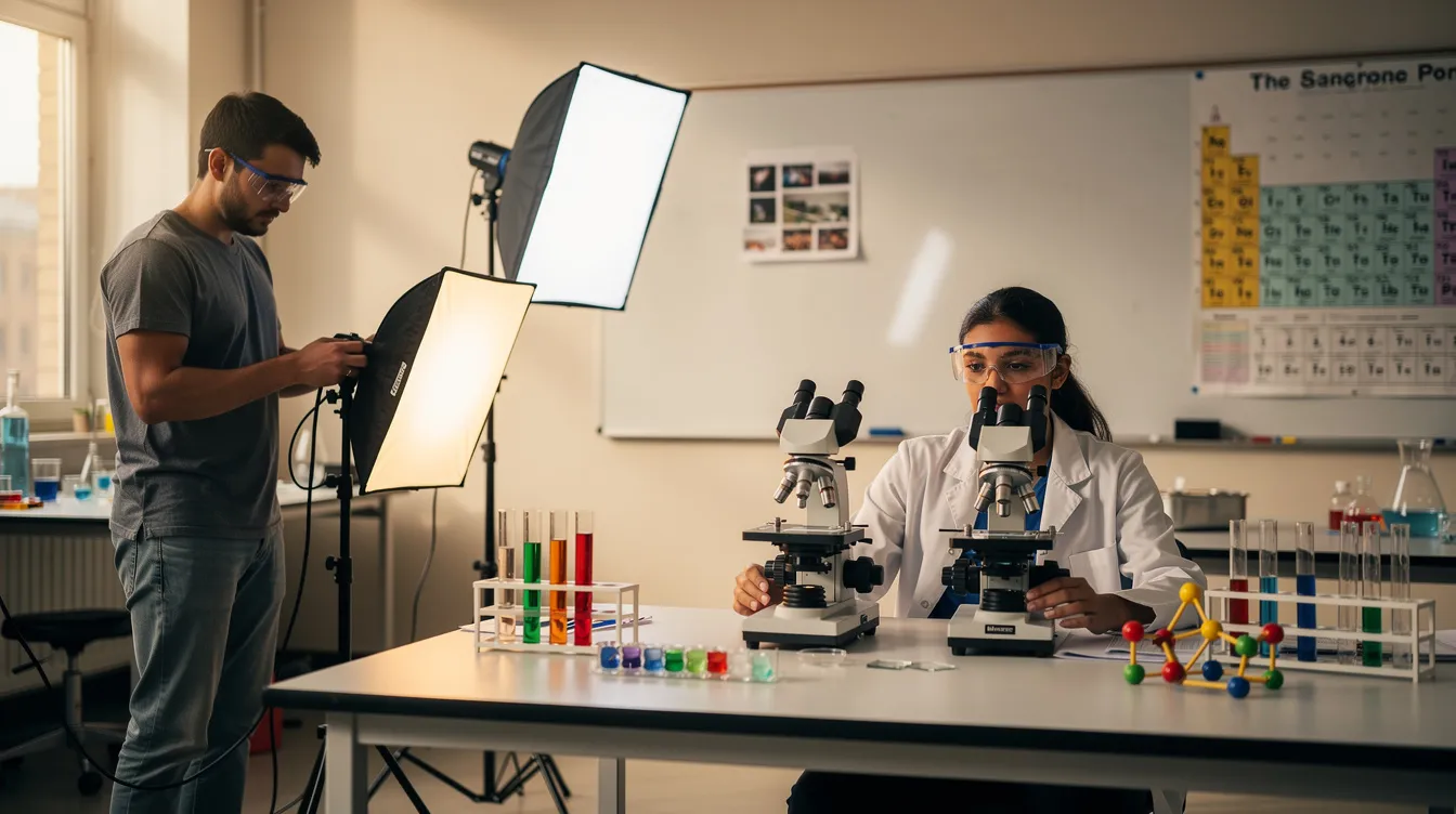 In the image, a photographer is adjusting the lighting setup in a science lab while a student sits at a table equipped with microscopes, engaged in their work. This scene captures the vibrant life of students exploring emerging technologies and ideas in a school environment.