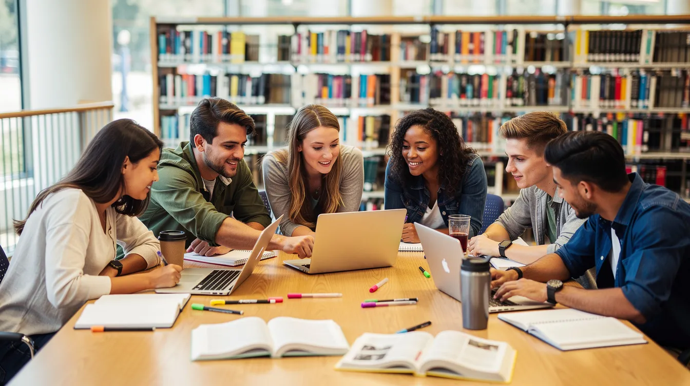 A group of students is collaborating at a table in a bright library, surrounded by books and laptops, reflecting a vibrant space for learning and idea exchange. This scene showcases the power of teamwork and emerging technologies as they work together to succeed in their academic journey.