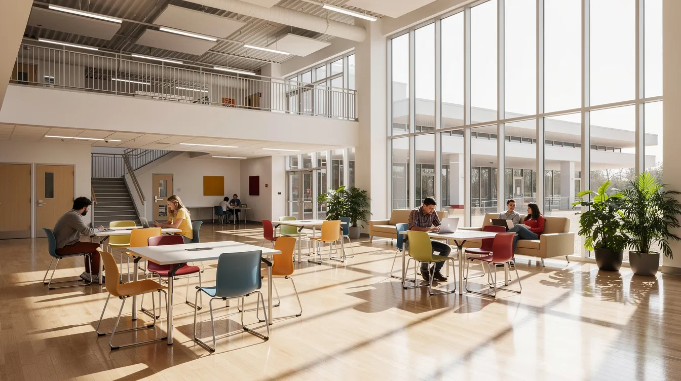 A wide-angle view of a modern school commons area filled with natural light from large windows, showcasing students engaging in various activities and collaborating in a vibrant space that encourages creativity and learning. This inviting environment reflects the evolving ideas and emerging technologies that enhance the educational experience.