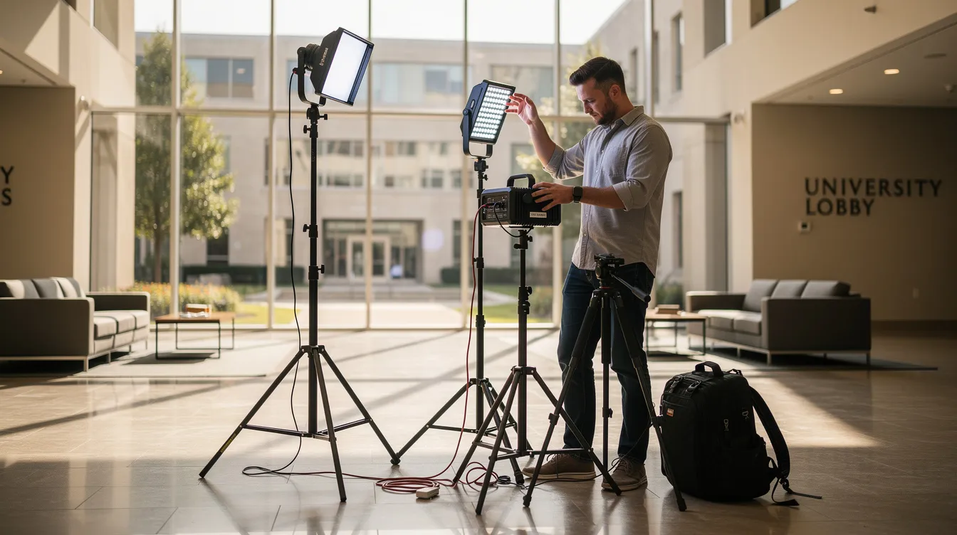 A photographer is adjusting portable lighting equipment in a modern university building lobby, which features large glass windows that allow natural light to flood the space. The scene captures the lively atmosphere as the photographer prepares to work on a creative project, bringing ideas to life.