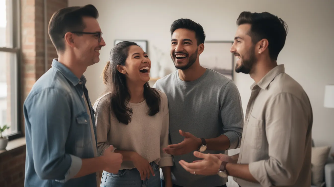 A small group of young professionals is laughing and sharing ideas during a casual portrait photography session indoors, creating a fun and lively atmosphere. The photographers capture the moment as these individuals engage and connect in a cozy living space.