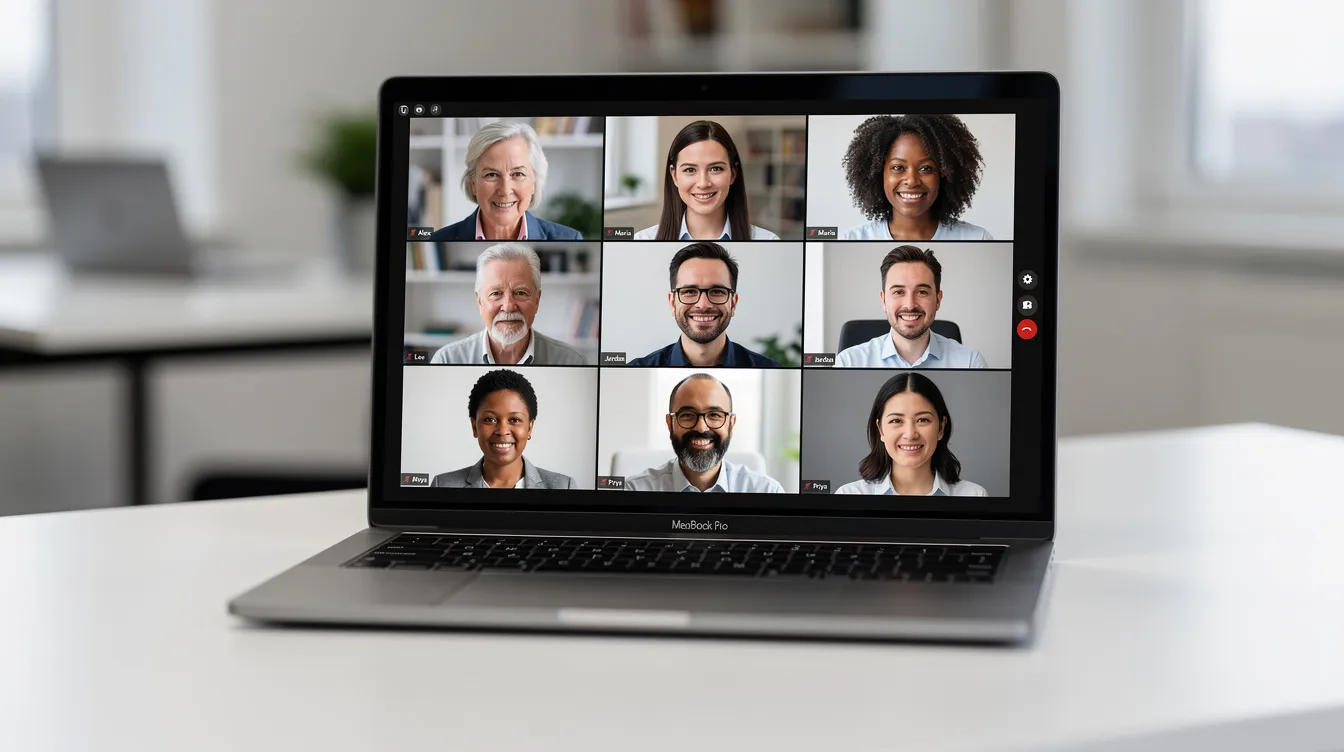 The image shows a laptop screen featuring a grid of professional headshot portraits, all captured with consistent lighting and framing, showcasing a diverse group of people. This setup highlights the work of photographers and presents a polished way to share ideas and updates about the student organization.