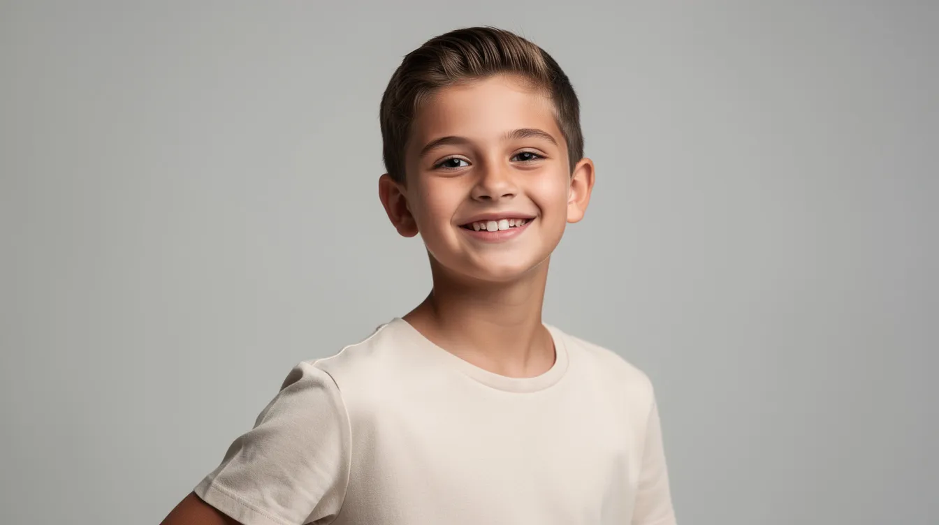 A young teenage performer is smiling naturally in a professional headshot session, set against a simple neutral background. The image captures the essence of their excitement and hard work in pursuing a career in the performing arts.