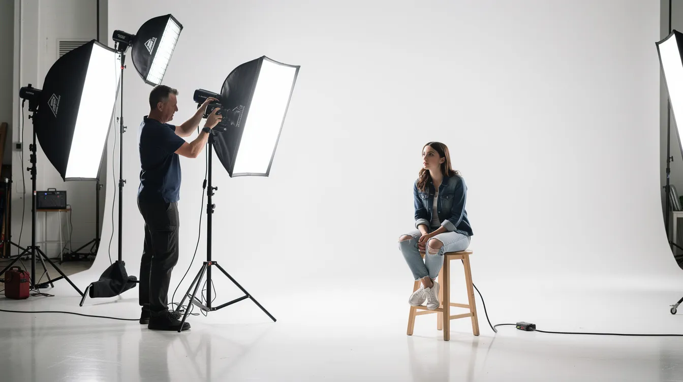 A headshot photographer is adjusting the studio lighting while a young performer sits excitedly on a stool in a bright, well-lit studio space. This moment captures the essence of hard work and preparation in the performing arts, as the session aims to create stunning images for the young actor's future career.