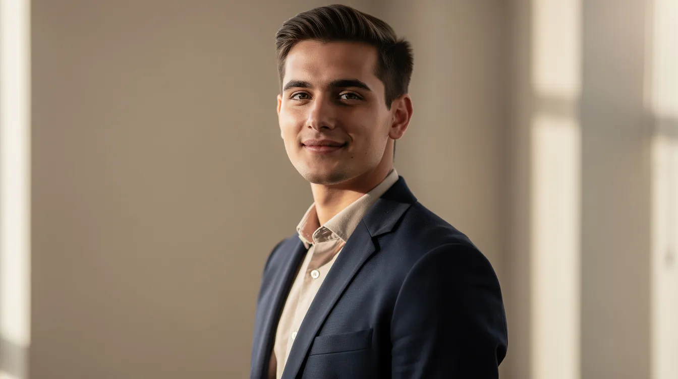 A young professional in a navy blazer stands confidently in soft natural light, showcasing a polished look suitable for an alumni event or career photo session. The portrait captures the essence of a person ready to make connections and share their story with students and members of the college community.