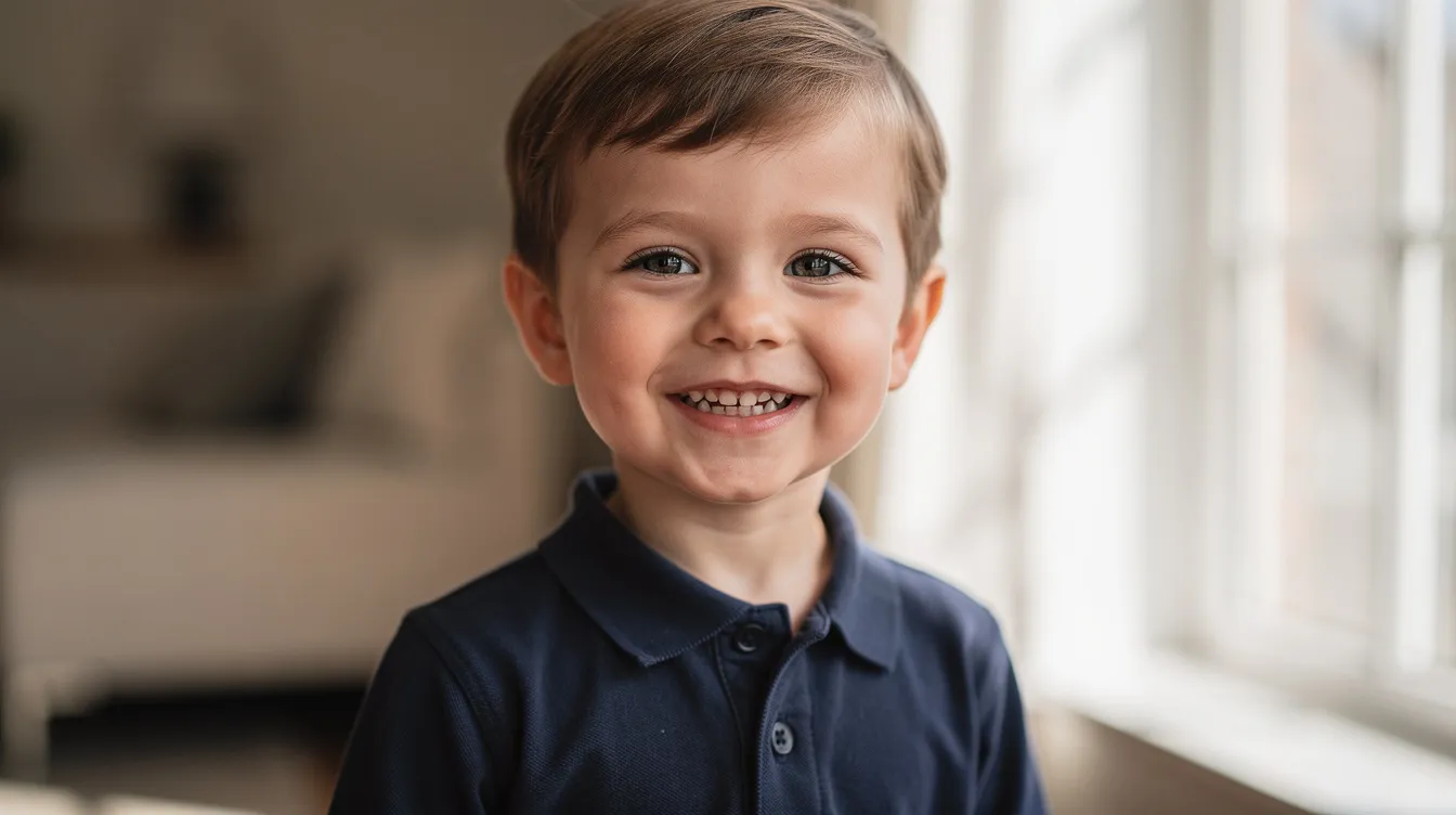 A young child is smiling confidently in a solid navy polo shirt, illuminated by natural window light, capturing a joyful moment perfect for school picture day. The outfit choice, featuring a collared shirt, showcases a classic and comfortable style ideal for individual photos.