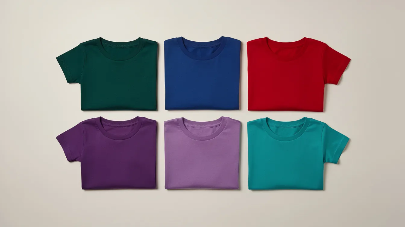 A flat lay displays a collection of solid-colored children's shirts in rich jewel tones, neatly arranged on a light surface, perfect for school picture day outfits. These vibrant tops, ideal for capturing individual photos, provide a stylish and comfortable option for kids, ensuring they look great in their school photos.