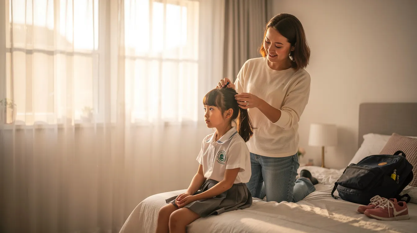 A parent is gently brushing a child's hair near a sunny window, creating a calm atmosphere on a school morning, as they prepare for picture day. The child is smiling, ready for their school photos, while stray hairs are smoothed down for a neat appearance.