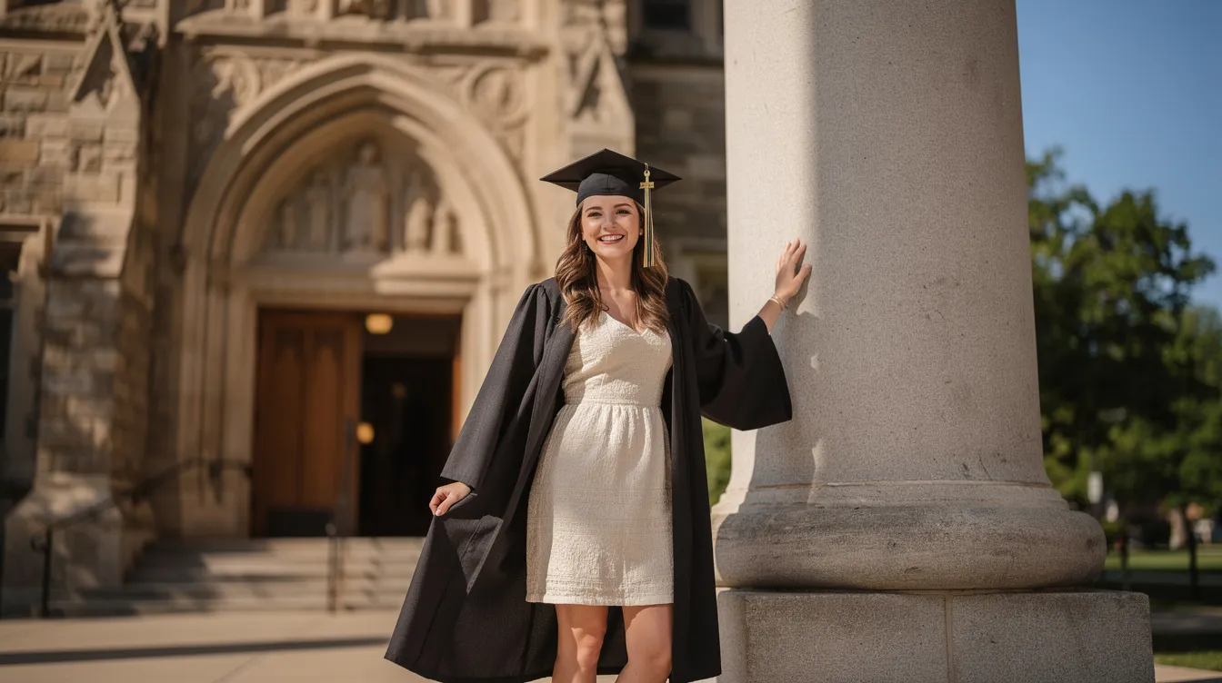 A graduate in a light cream dress stands confidently near the entrance of a stone building, basking in the sunlight on her big day. This classic look captures the essence of graduation photos, showcasing her joy and excitement as she celebrates this important milestone.