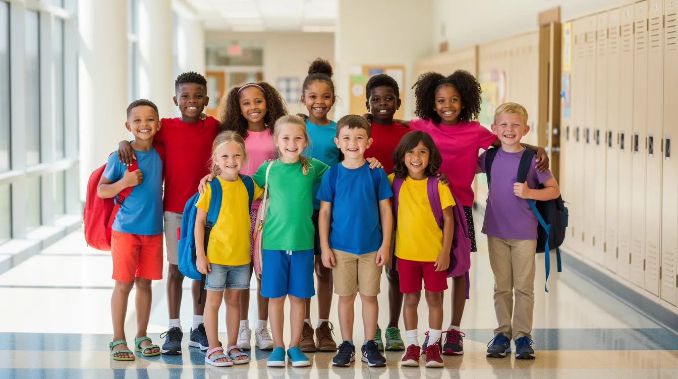 A group of elementary school students stands in a bright hallway, all wearing colorful outfits and smiling for their school picture day. The joyful atmosphere captures the excitement of the day as they prepare for their photographs.