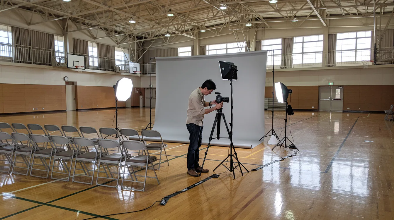 A photographer is adjusting portable studio lighting in a spacious school gymnasium, which features rows of chairs and a neutral backdrop, creating an inclusive environment for capturing images of children and their activities.