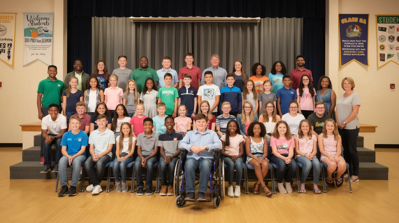 A diverse group of children poses together in a school auditorium, showcasing varying heights and abilities, with some seated and one child in a wheelchair, all arranged naturally to capture a warm and inclusive moment.