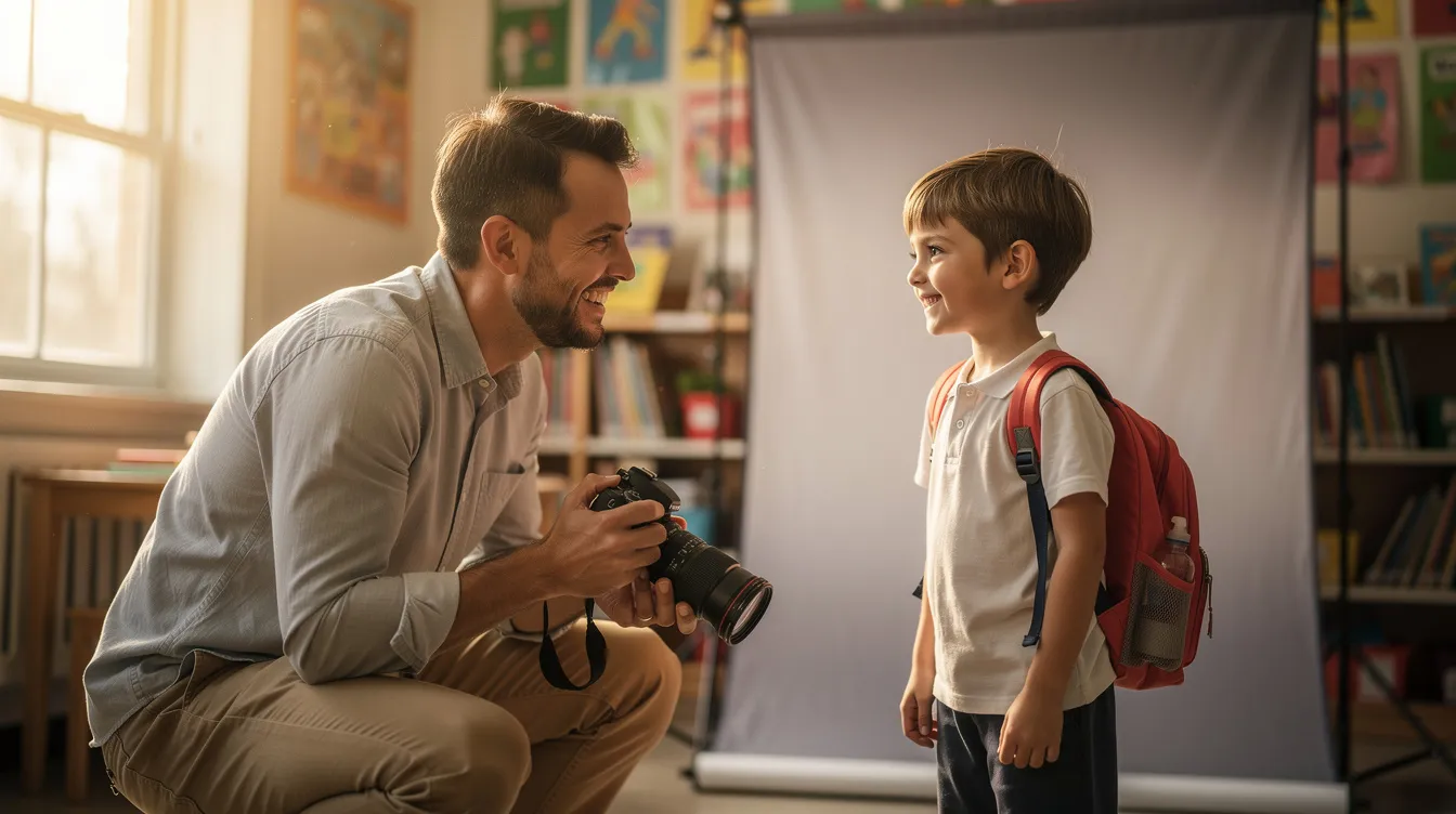 A photographer kneels at eye level with a smiling young student in a warmly lit school room, with a portable backdrop visible behind them. Both are radiating joy, creating a heartwarming moment in inclusive school photography.